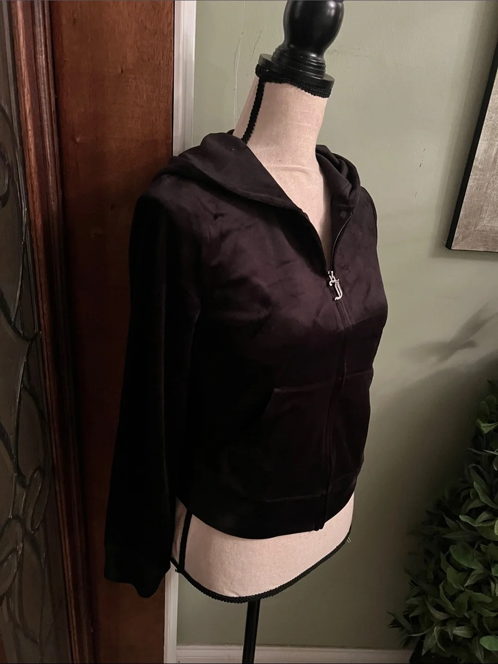 Juicy Couture Black Velour Hooded Zip Jacket with J-Pull